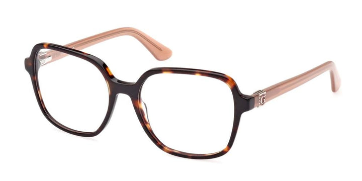 Tortoiseshell oversized square eyeglasses for Women with brown amber pattern and light pink arms, metallic G hinge