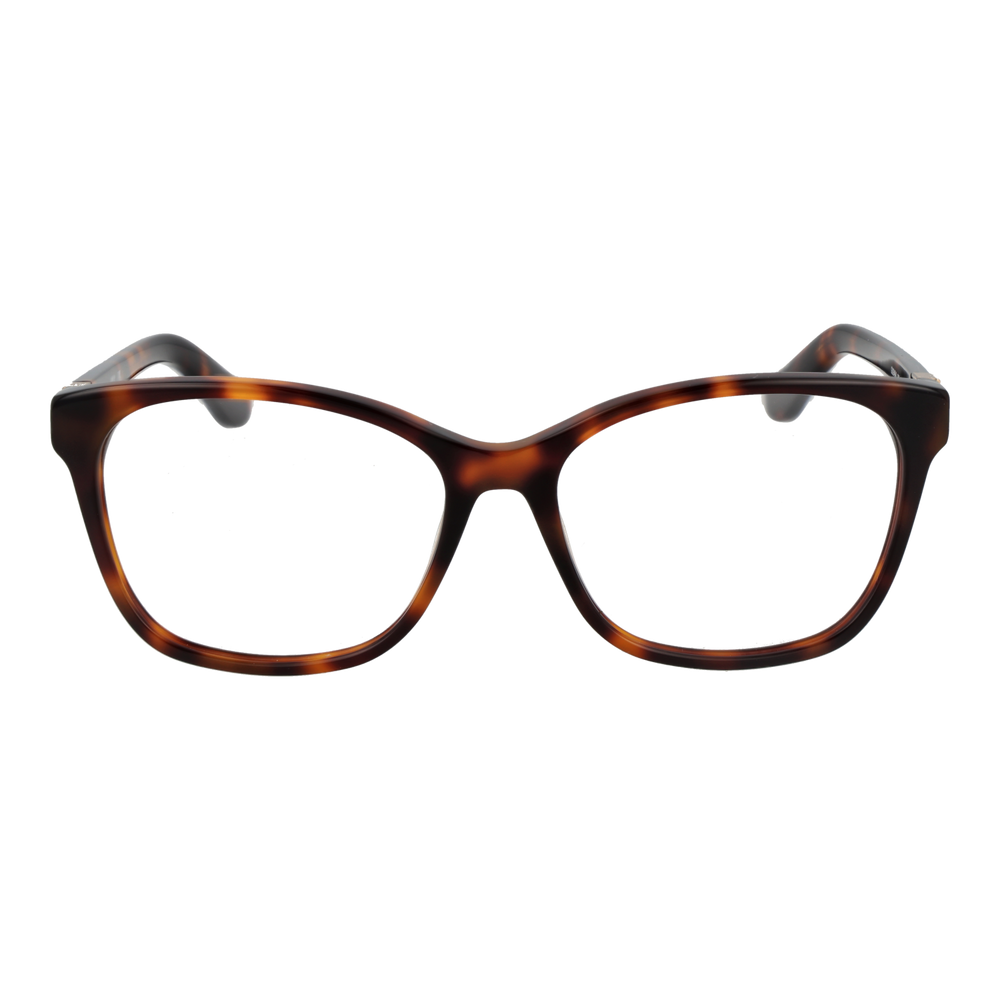 Tortoise brown plastic square eyeglasses for Women with clear lenses and gold temple logo detail