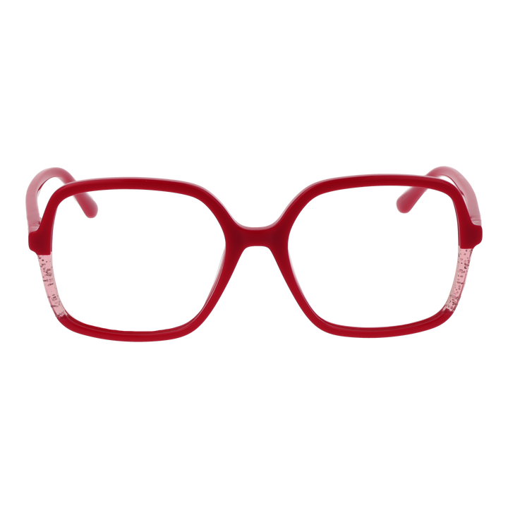 Red plastic square eyeglasses with transparent frame accents and G logo on the temple, front three-quarter view