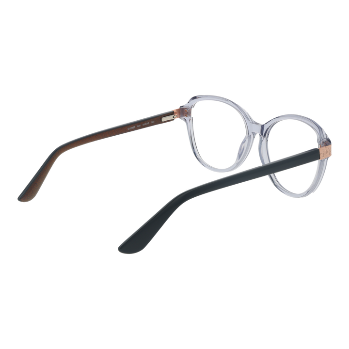 Transparent gray round eyeglasses with black temples and rose gold hinge accents, modern plastic frame
