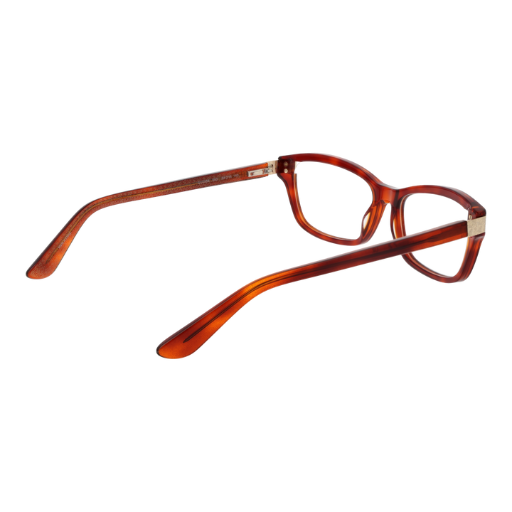 Brown full-rim rectangular eyeglasses in plastic with gold hinge and patterned inner arms, front three-quarter view