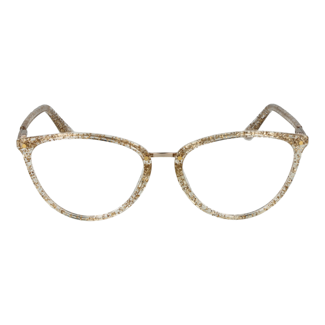 Gold metal and clear acetate cat-eye eyeglasses with embedded glitter, gold temples, front view on neutral background