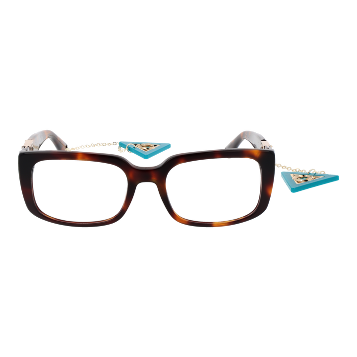 Tortoise brown rectangular eyeglasses with gold temples and teal triangular charm on chain