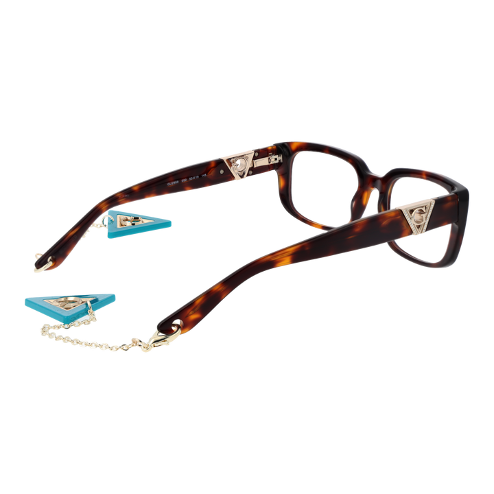 Tortoise brown rectangular eyeglasses with gold temples and teal triangular charm on chain