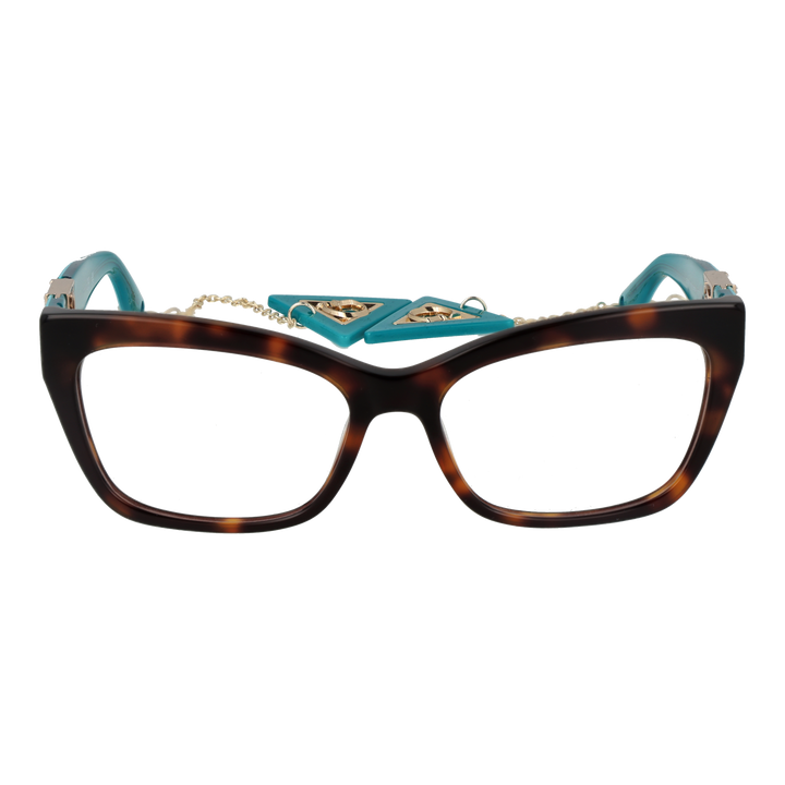 Tortoise brown and teal cat‑eye eyeglasses with gold chain and triangular logo accents on plastic frame
