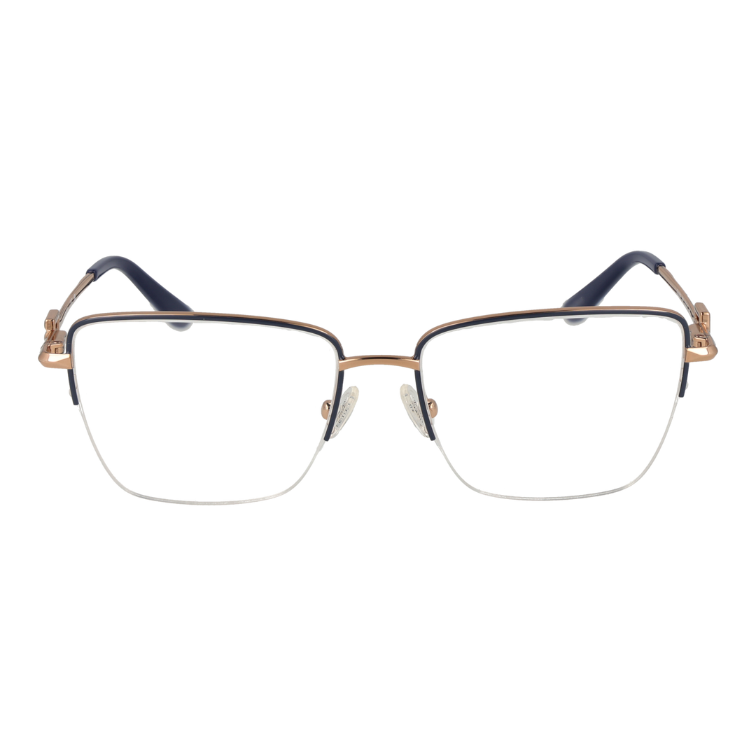 Gold metal full-rim rectangular eyeglasses with clear lenses and black temple accents featuring Guess logo