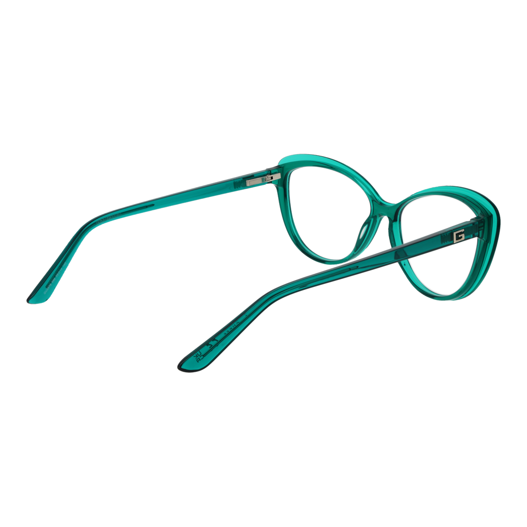 Transparent green plastic cat-eye eyeglasses with metallic logo on temples, retro shape for Women, lightweight frame