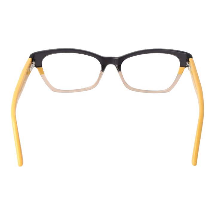 Black and yellow two-tone rectangular eyeglasses with metal logo temples on white background for Women