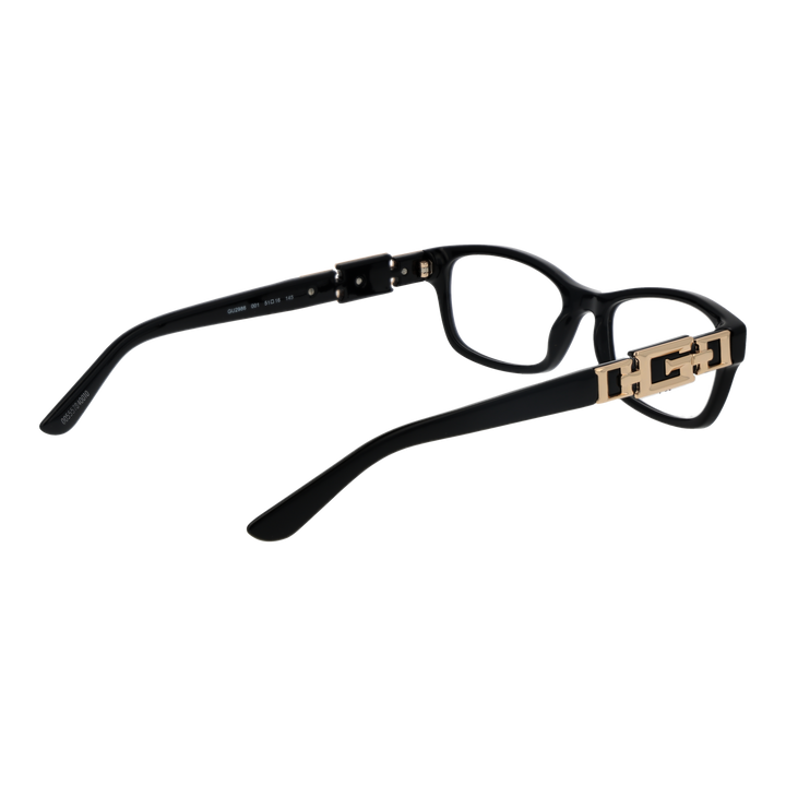 Black full-rim rectangular eyeglasses in plastic with gold decorative temple accents, modern design for Women