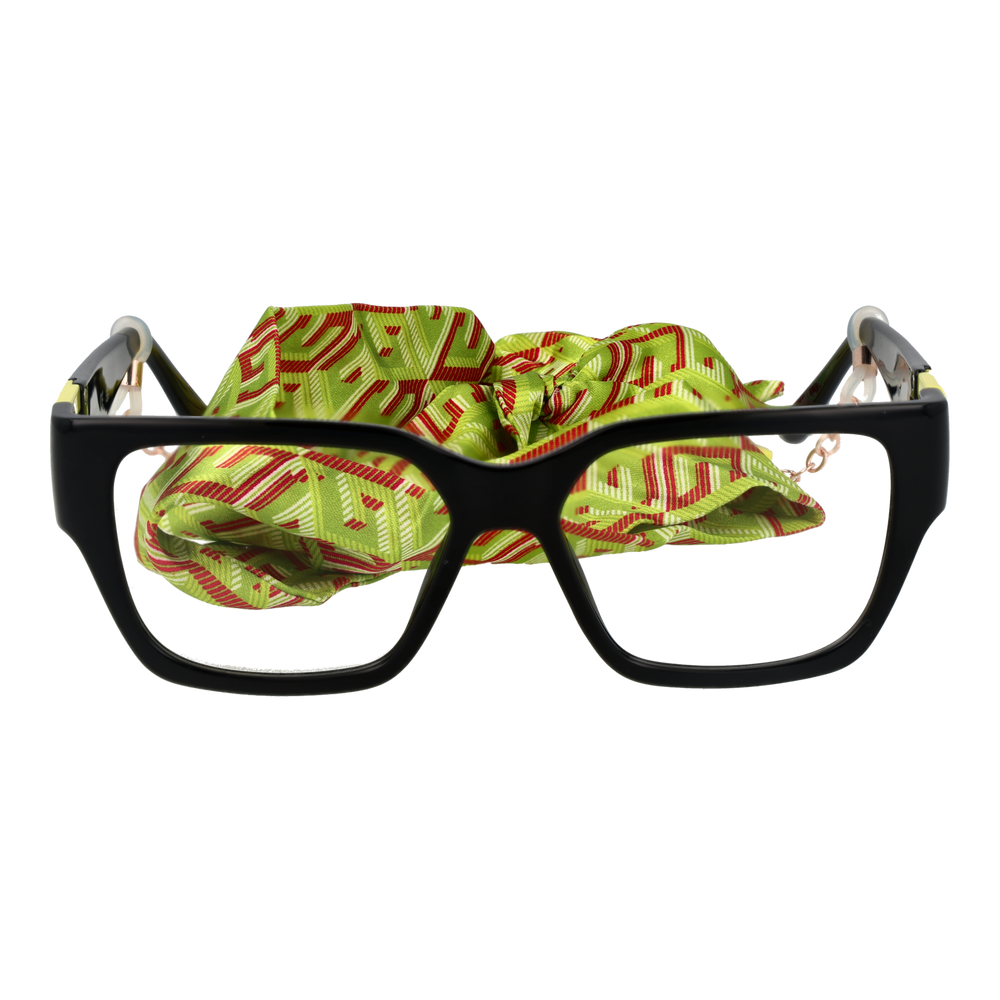 Black rectangular full-rim eyeglasses with colorful temple accents, decorative 'G' logo and attached chain