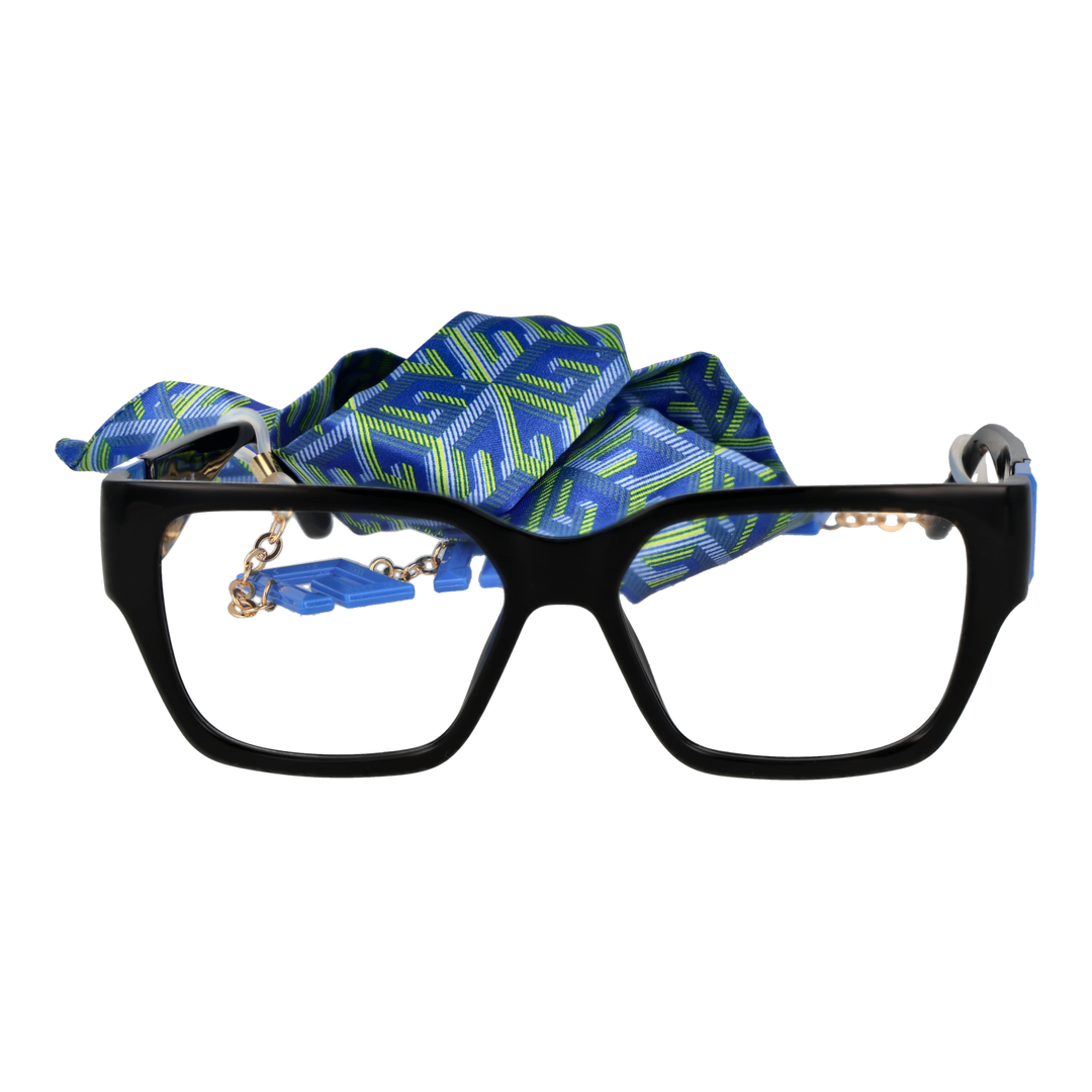 Black square eyeglasses with blue-green accents, attached patterned fabric strap and decorative metal chain with blue letters