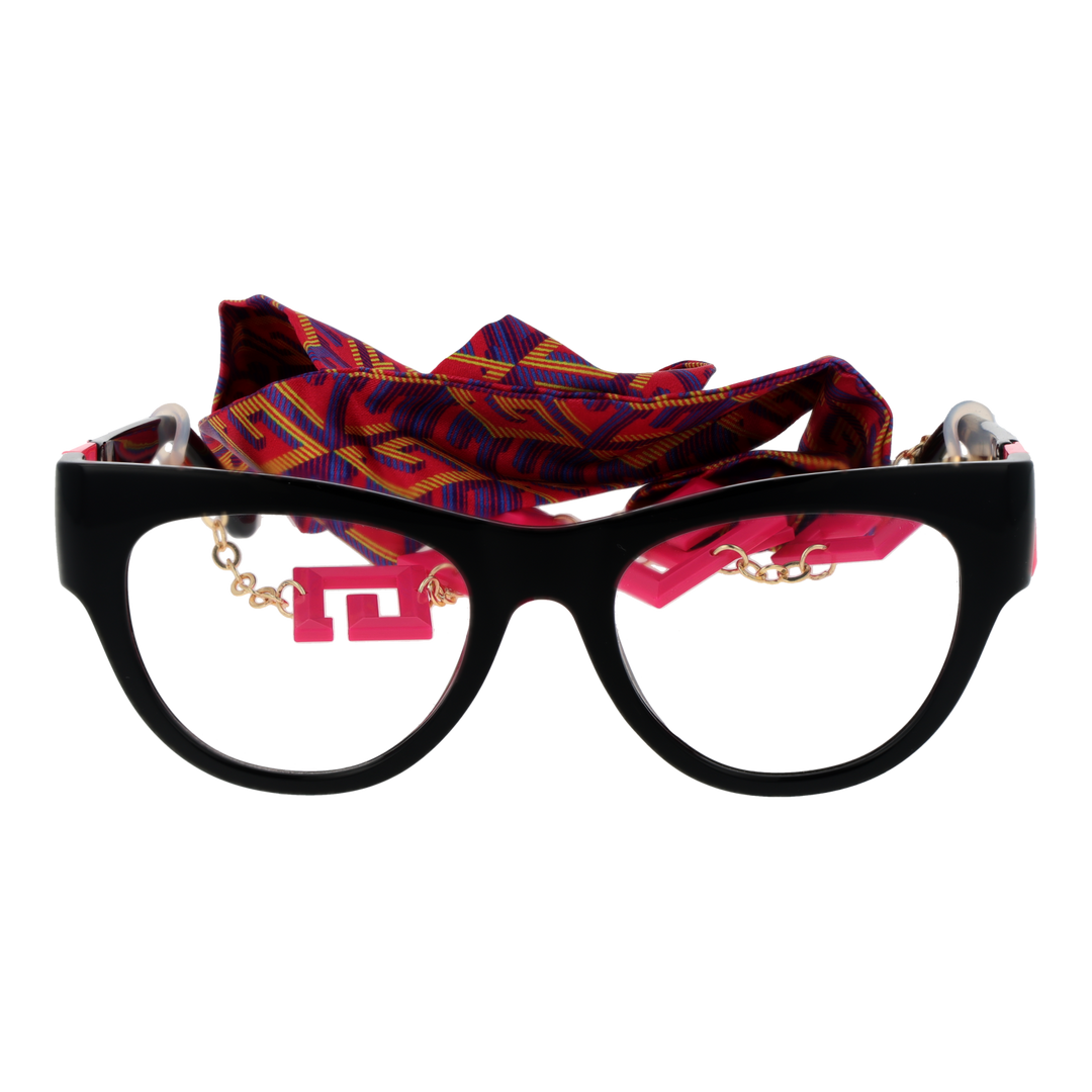 Black cat-eye eyeglasses with patterned fabric scarf and metal chain featuring pink letter charms