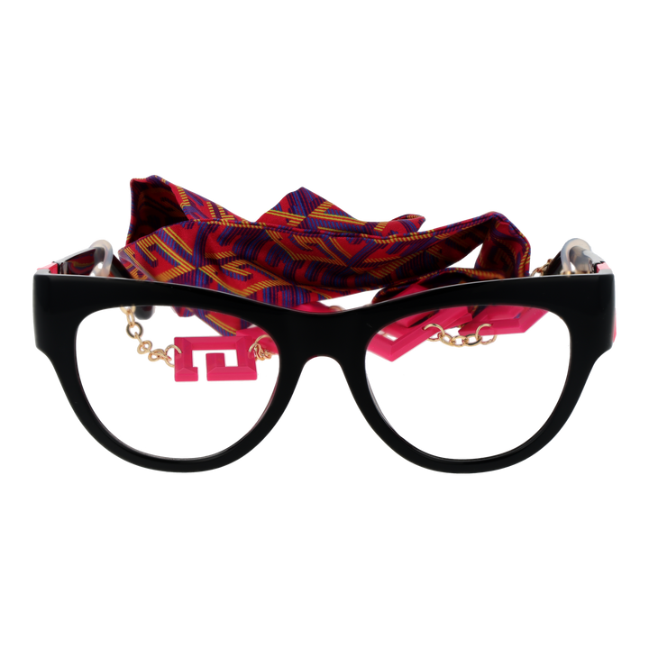 Black cat-eye eyeglasses with patterned fabric scarf and metal chain featuring pink letter charms