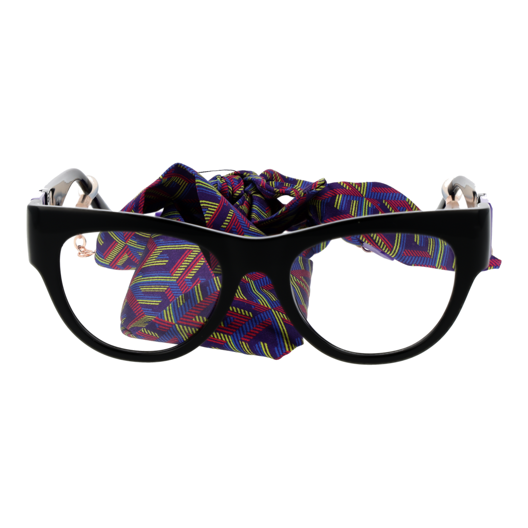 Black cat-eye eyeglasses with purple G temples and attached multicolor patterned fabric scarf for Women