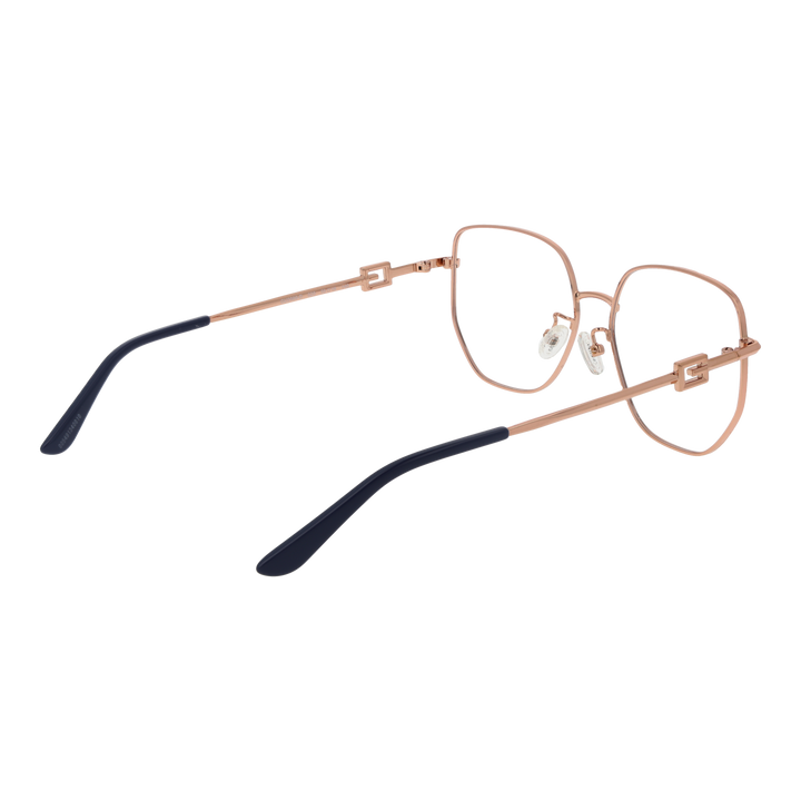 Rose gold geometric metal eyeglasses for Women with thin temples, black tips, and square temple detail