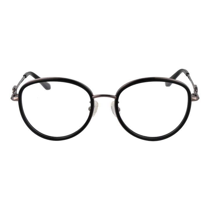 Unisex black and silver metal round eyeglasses with thin temples and decorative hinge on white background