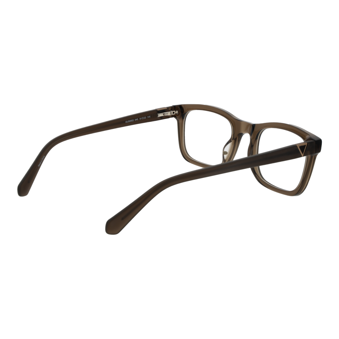 Transparent brown plastic rectangular eyeglasses with metal triangle detail on temples, Unisex modern style