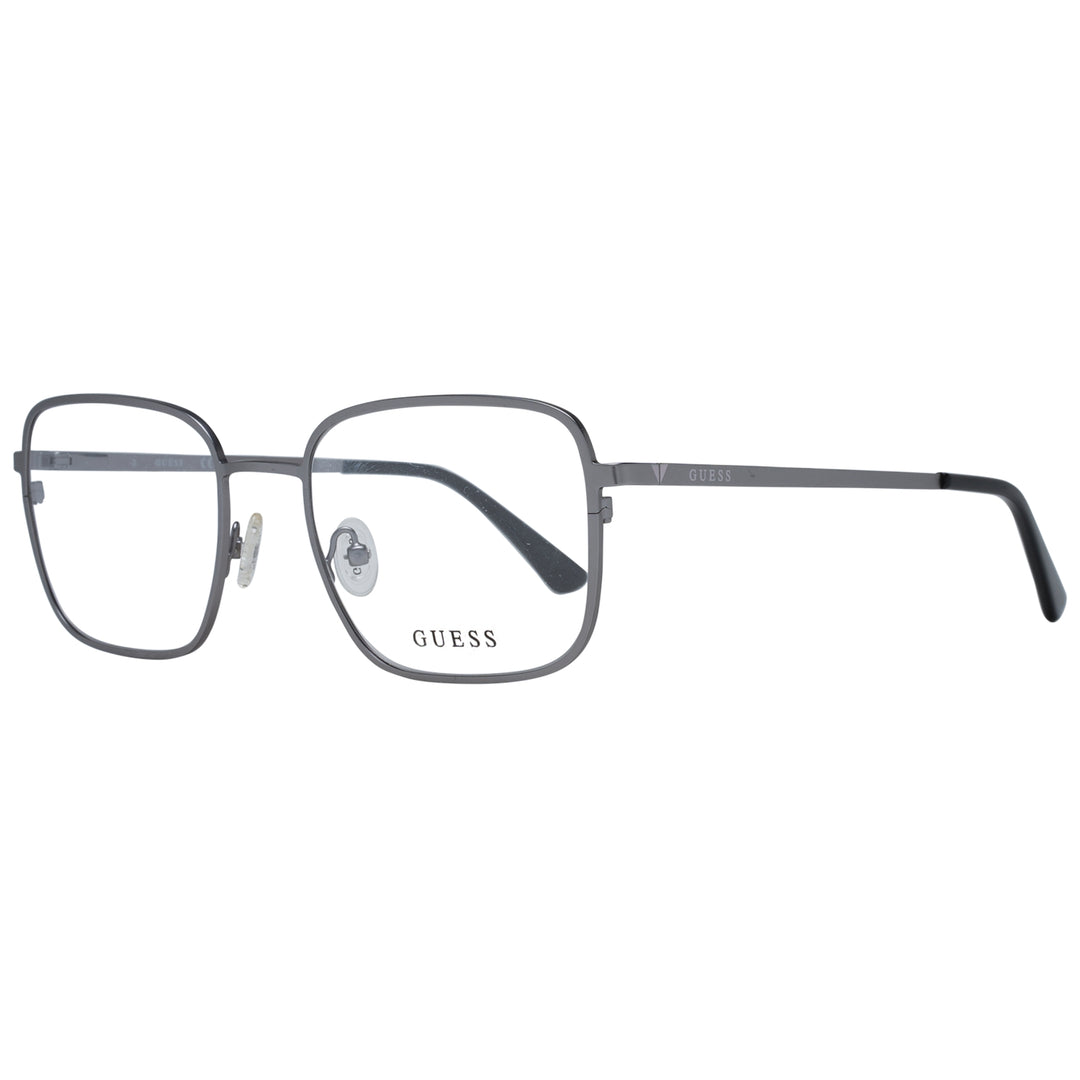 Gray thin metal full-rim rectangular eyeglasses with adjustable nose pads on neutral background, Unisex