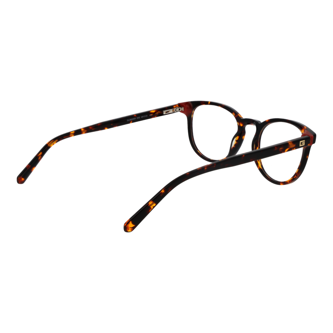 Unisex tortoise shell full-rim rectangular eyeglasses with gold logo on temples, brown and amber pattern