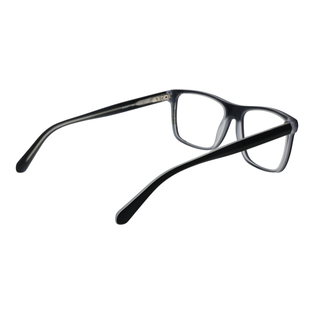 Black full-rim plastic eyeglasses with rectangular lenses, modern Unisex design on neutral background
