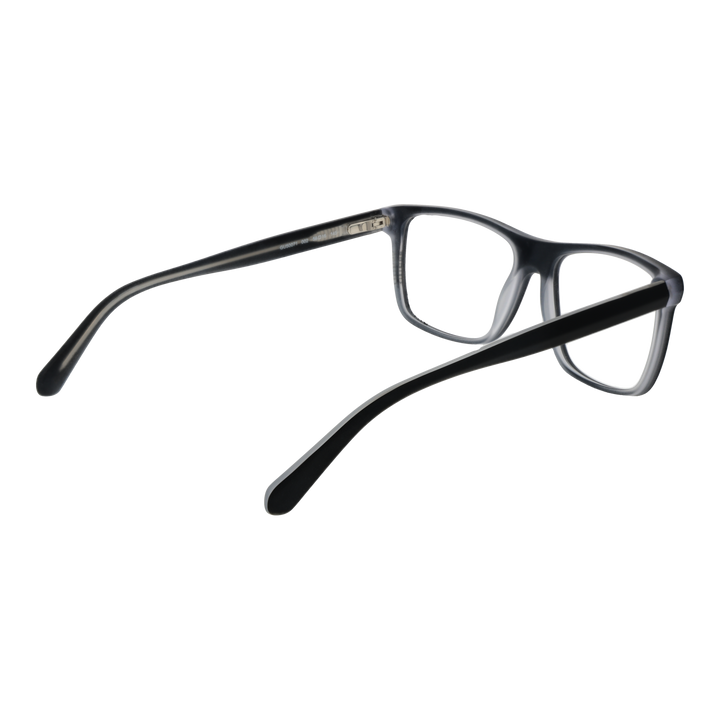 Black full-rim plastic eyeglasses with rectangular lenses, modern Unisex design on neutral background