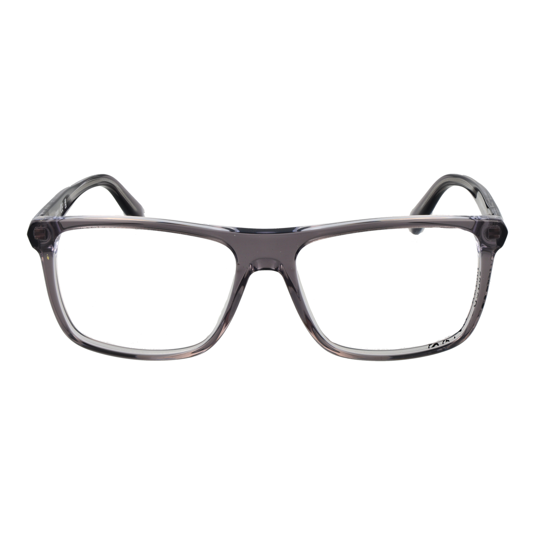Unisex transparent gray plastic eyeglasses with rectangular lenses and modern full-rim frame on white