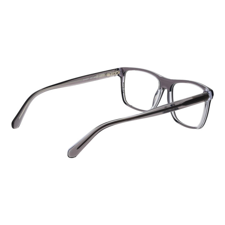 Unisex transparent gray plastic eyeglasses with rectangular lenses and modern full-rim frame on white