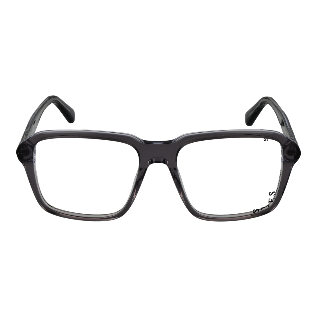 Unisex transparent plastic full-rim rectangular eyeglasses in gray, modern slender temples on neutral background