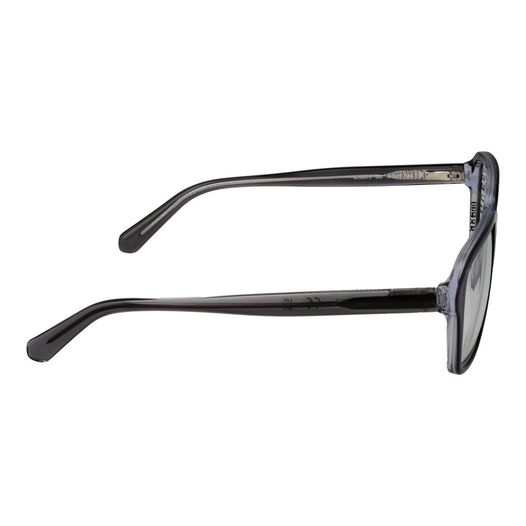 Unisex transparent plastic full-rim rectangular eyeglasses in gray, modern slender temples on neutral background
