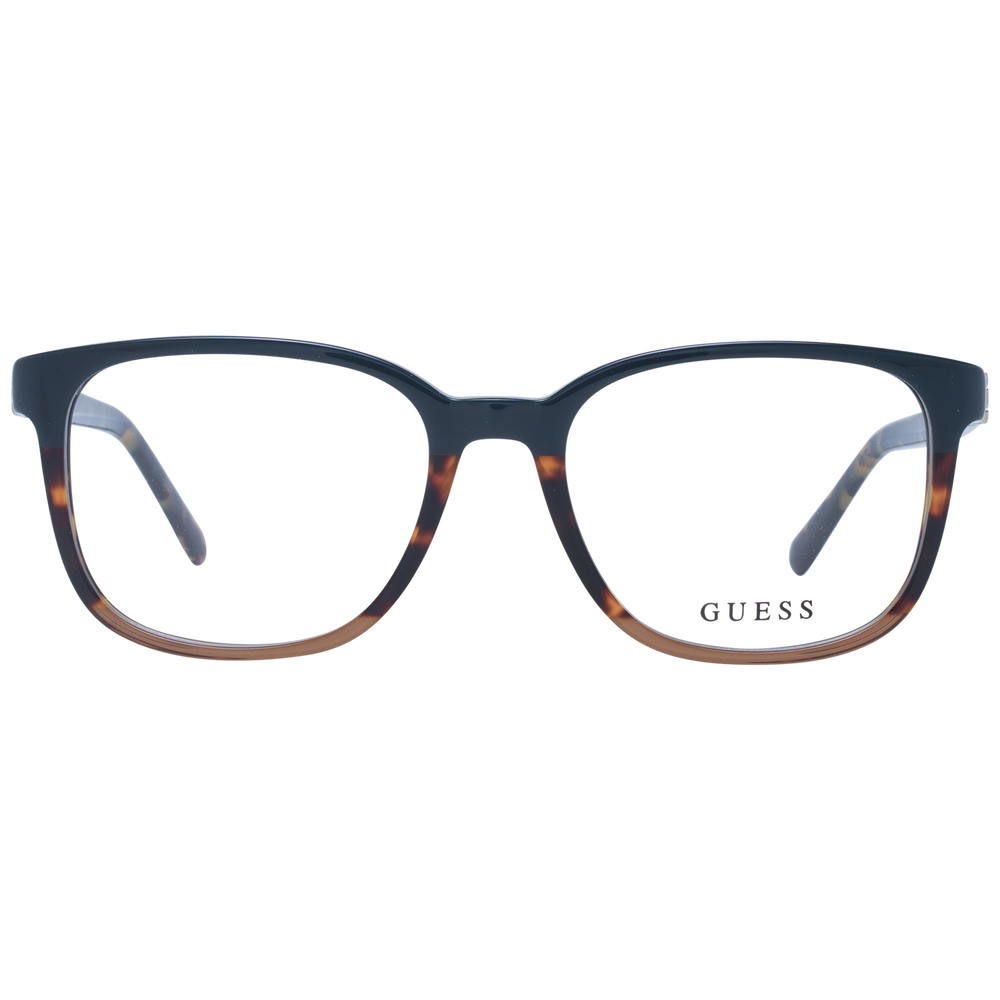 Black and tortoiseshell brown square eyeglasses in plastic with gradient frame and metallic temple logo