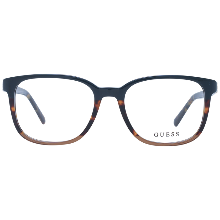 Black and tortoiseshell brown square eyeglasses in plastic with gradient frame and metallic temple logo