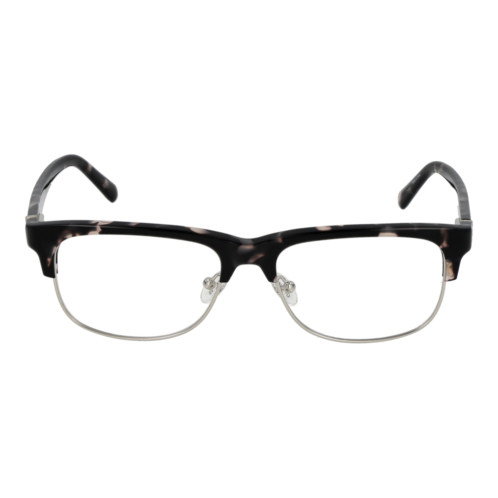 Unisex black and beige tortoiseshell semi-rim eyeglasses with rectangular lenses and metal nose pads