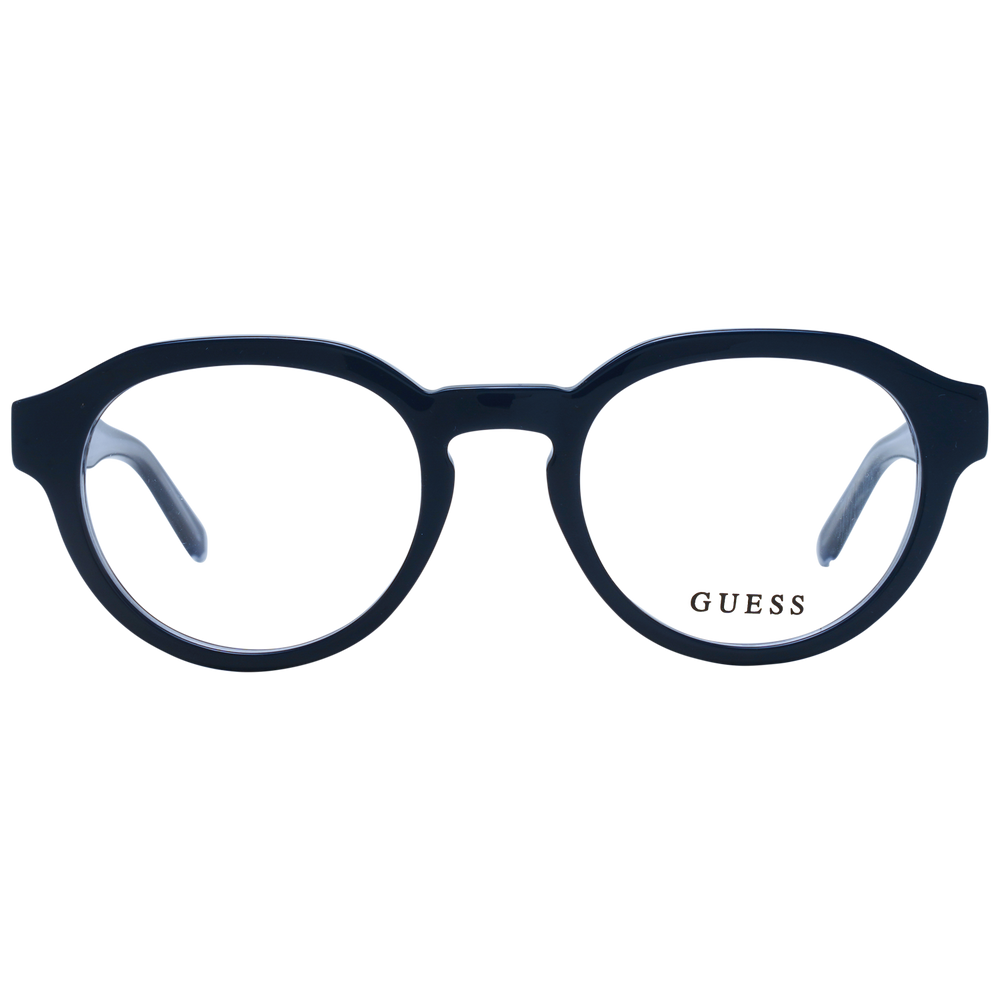 Unisex Guess black round plastic eyeglasses with clear lenses and logo-detail temples, front three-quarter view