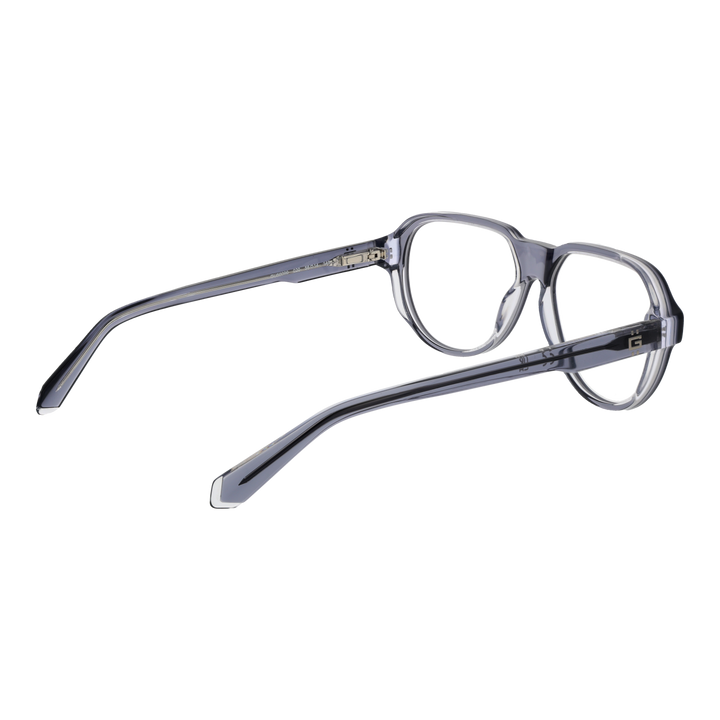 Transparent gray full-rim rectangular Unisex eyeglasses in plastic shown front and three-quarter view