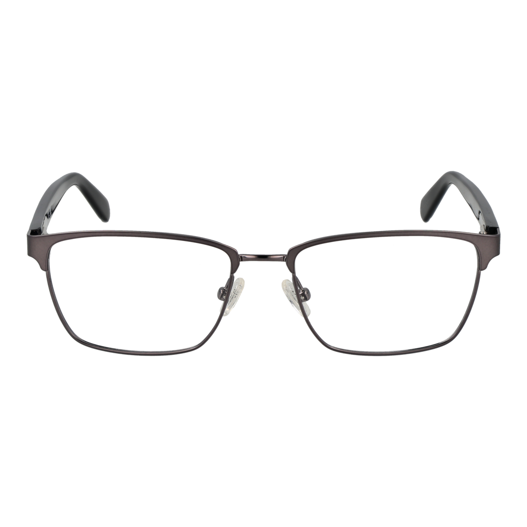 Unisex thin metal rectangular eyeglasses in black and dark gray with nose pads and plastic temple tips