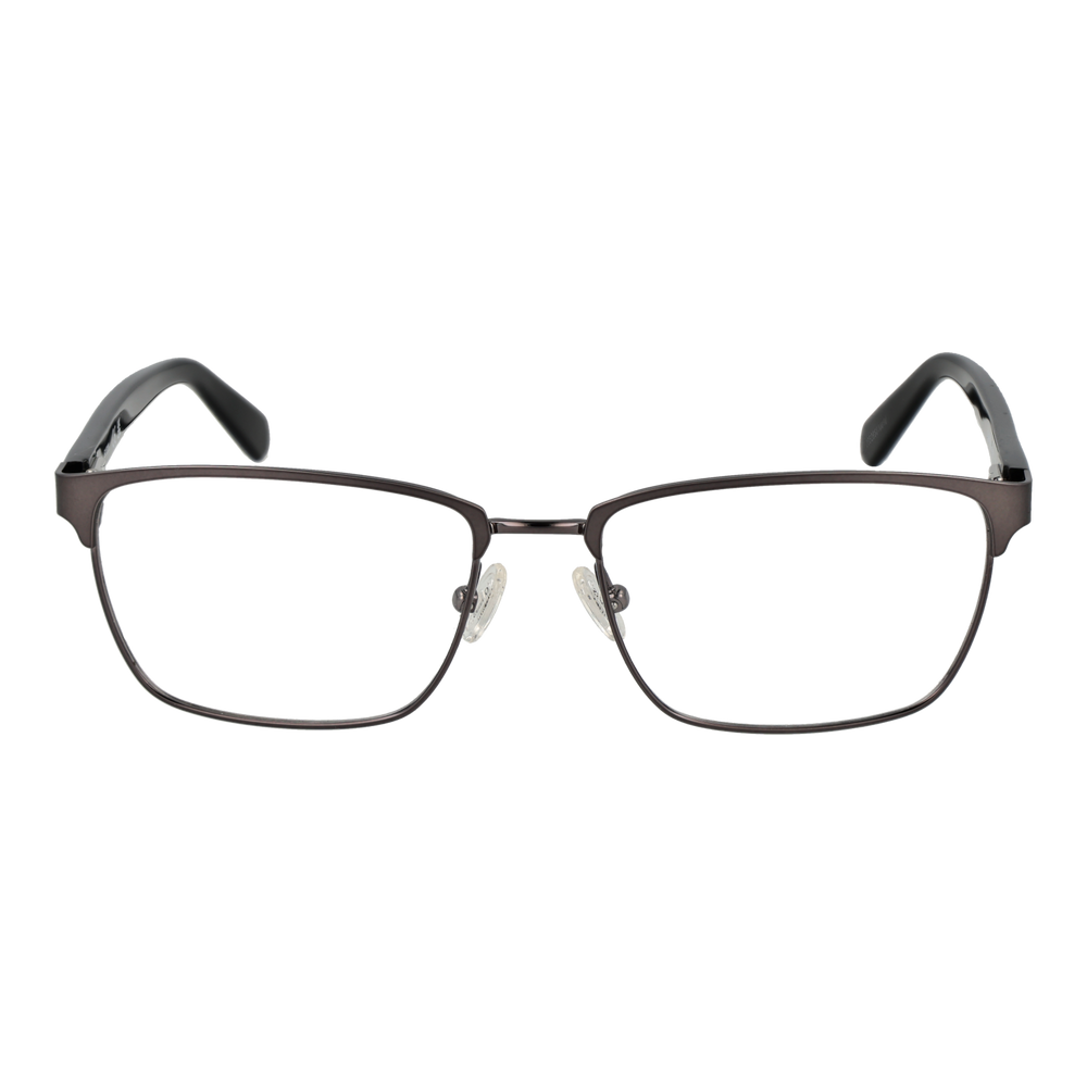 Unisex thin black metal rectangular eyeglasses with adjustable nose pads and dark gray plastic temple tips