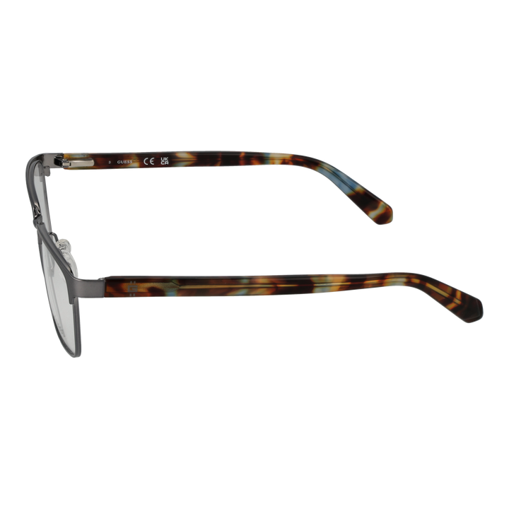 Unisex semi-rimless eyeglasses in gunmetal front with tortoiseshell patterned plastic temples, rectangular lenses, nose pads
