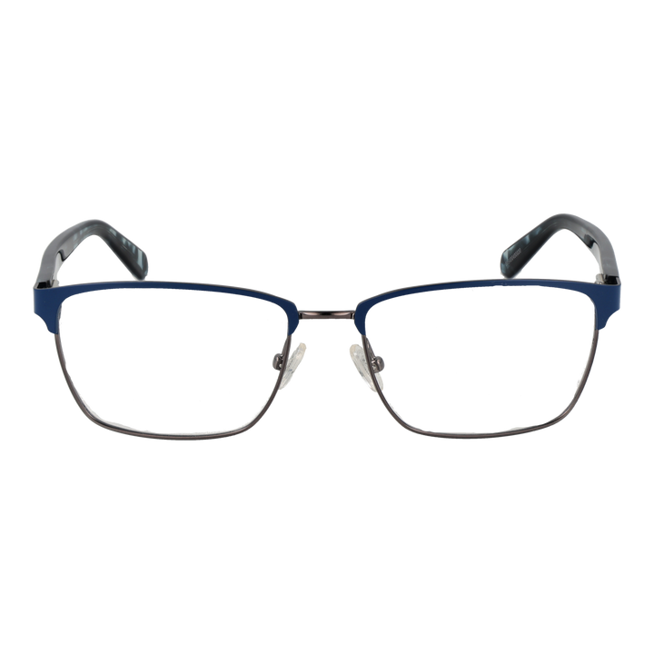 Unisex blue and black semi-rimless eyeglasses with rectangular lenses, silver bridge, patterned temple tips