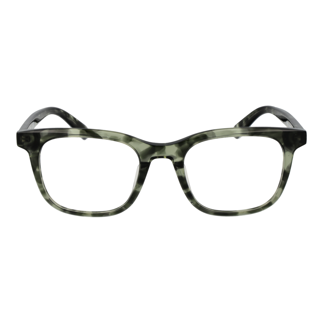 Unisex green and black tortoiseshell full-rim rectangular eyeglasses in plastic frame, modern design, front view