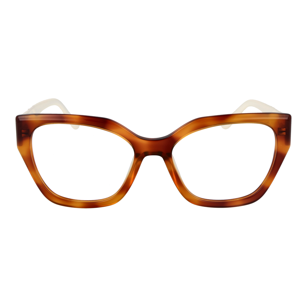 Brown-and-white retro cat-eye eyeglasses in plastic with clear lenses and logo on temple, front-quarter view