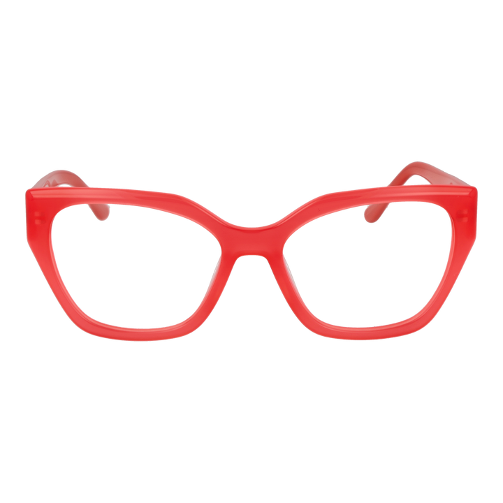 Red thick plastic square eyeglasses for Women with logo detail on temple, modern design, clear lenses