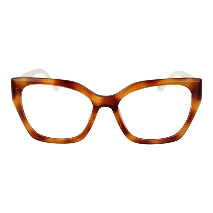 Brown and beige retro cat-eye eyeglasses in plastic with transparent lenses and logo temples on neutral background