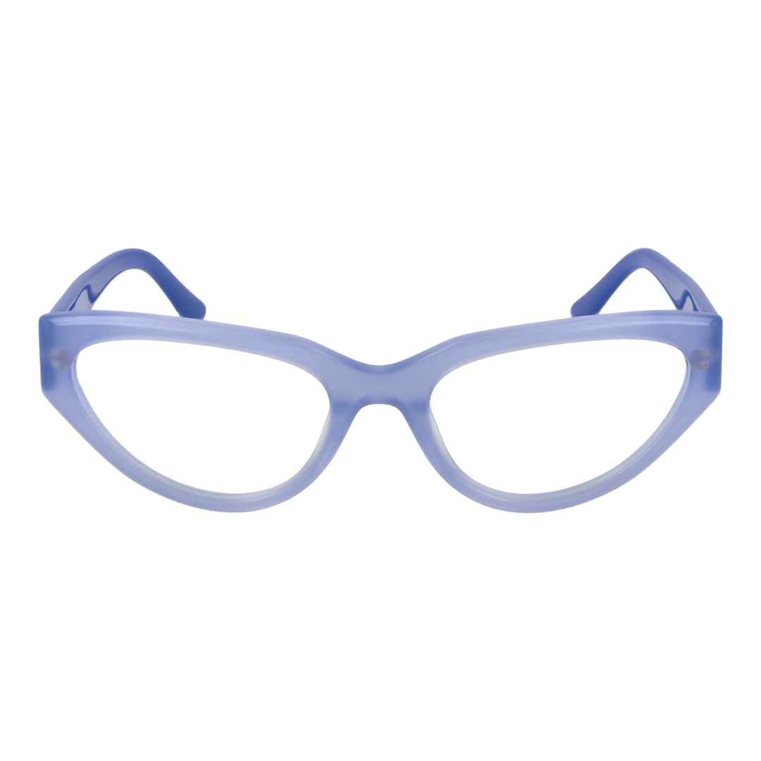Blue plastic cat-eye eyeglasses for Women with decorative logo on temples, front and side view