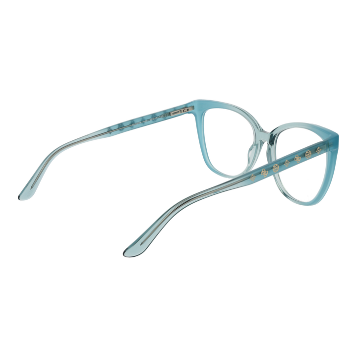 Blue plastic cat-eye eyeglasses with gold decorative symbols on temples, fashionable retro style for Women