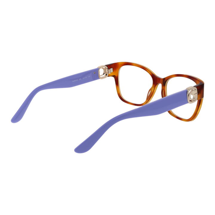 Brown rectangular full-rim eyeglasses with purple temples and gold logo on temple, modern women’s style
