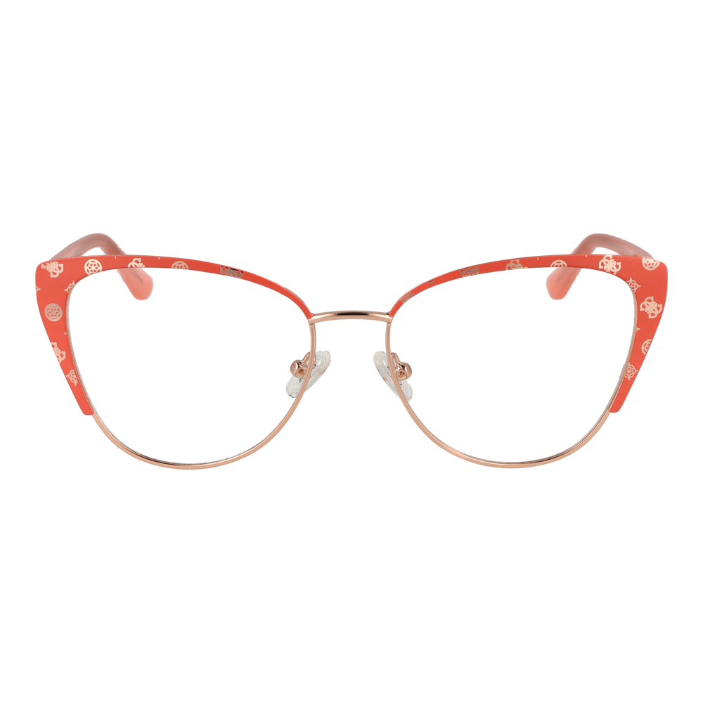 Red patterned cat-eye eyeglasses with rose-gold temples and adjustable nose pads on white background