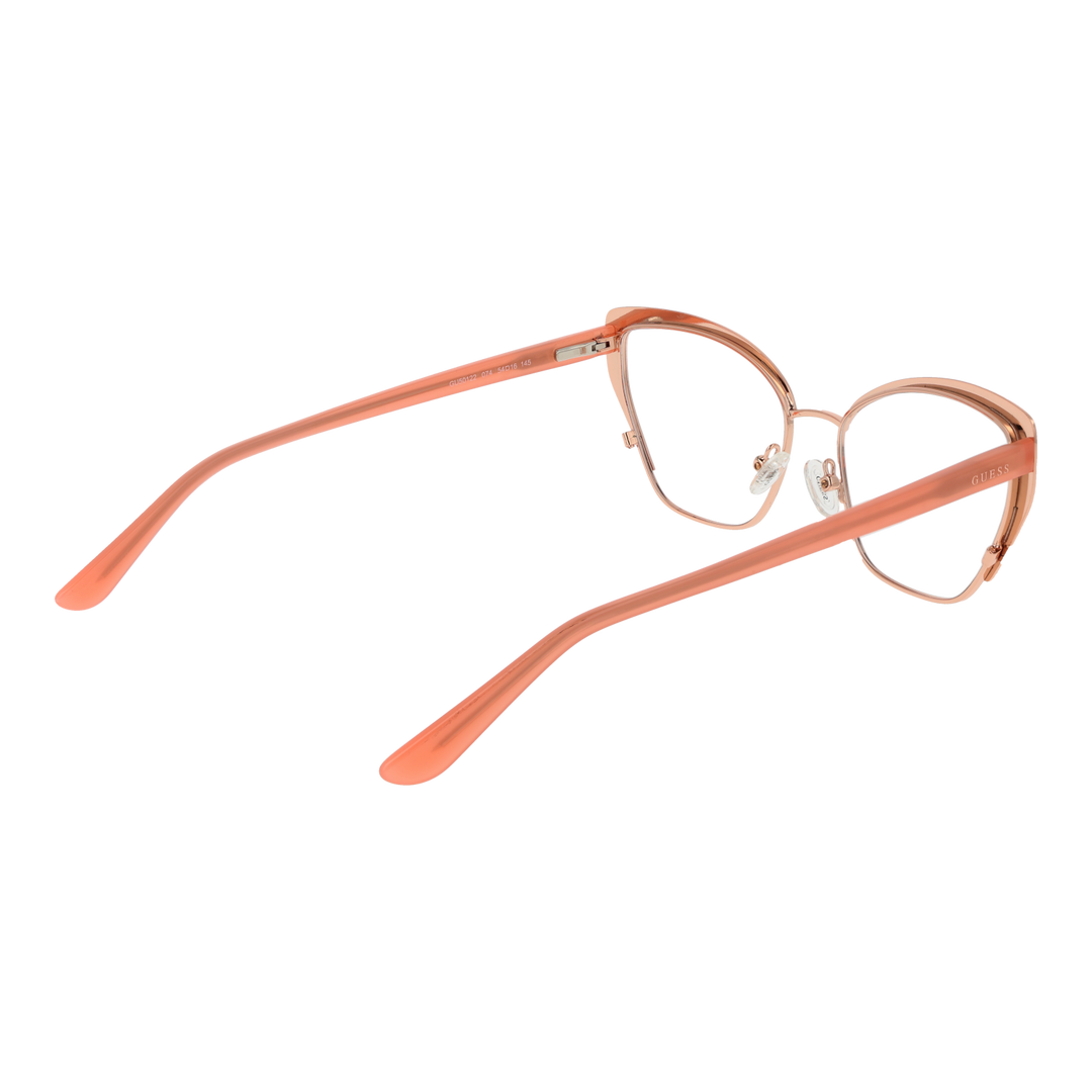 Orange and rose-gold patterned cat-eye eyeglasses in metal and plastic with adjustable nose pads