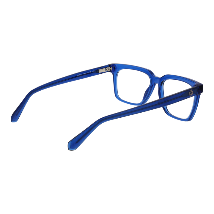 Transparent blue plastic rectangular eyeglasses with clear lenses and Guess logo on temple, modern unisex design