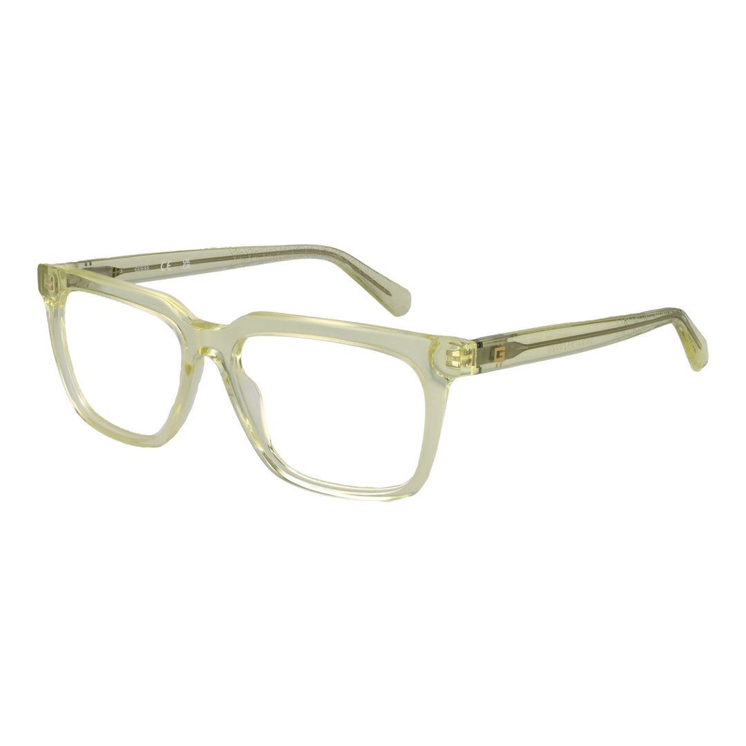 Unisex translucent yellow square eyeglasses in clear plastic with gold temple accents, shown front and side views