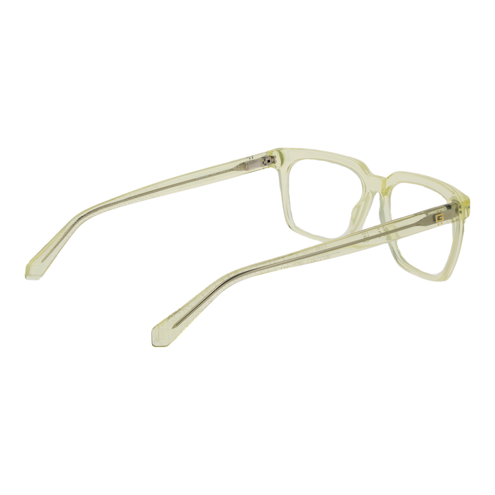 Unisex translucent yellow square eyeglasses in clear plastic with gold temple accents, shown front and side views